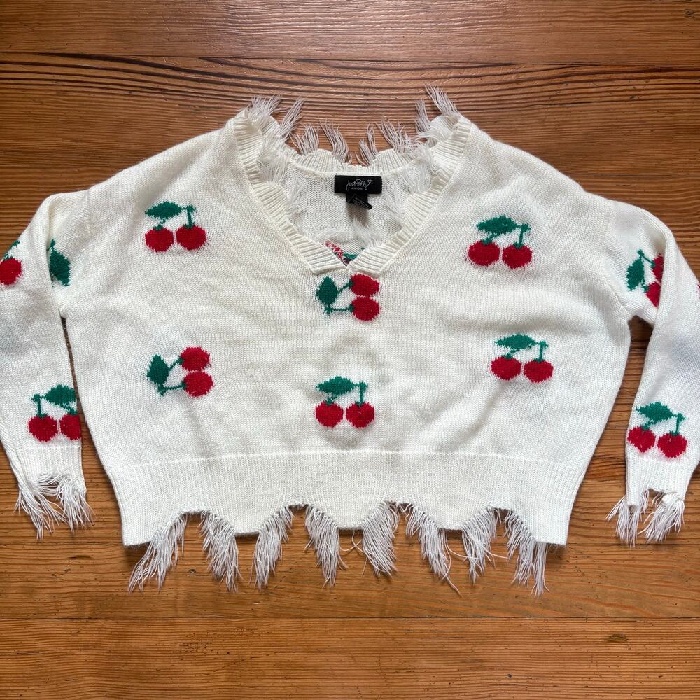 Cherry-Print V-Neck Sweater - White
